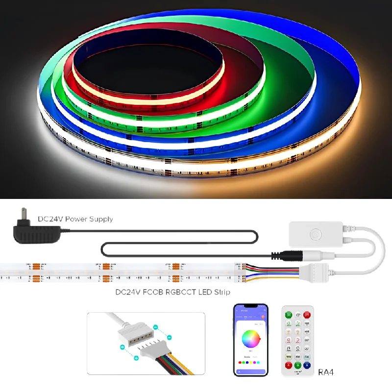 Battery - Operated String Lights for Indoor UseSLD19 Dotless Linear LED RGB+CCT 3000K-6000K COB 2.07W/ft Strip Lights IP30 Low Voltage DC24V Tape Light with Power Adapter Kit Available