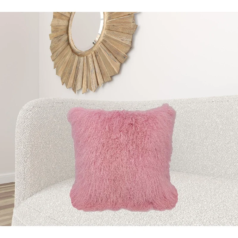 Velvet Pillows for a Touch of Elegance24" Pink Genuine Tibetan Lamb Fur Pillow With Microsuede Backing