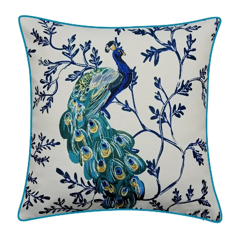 Square Pillows for Modern Home DecorEdie At Home Indoor/Outdoor Peacock Print with Embroidery Decorative Throw Pillow 20x20, Turq Multi