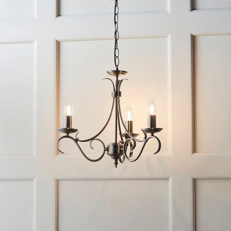 French Country Chandeliers with a Romantic AuraEndon Bernice Antique Silver Finish 3 Light Chandelier