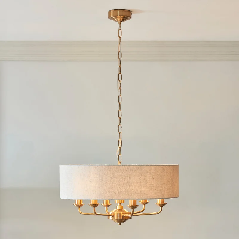 Industrial Style Floor Lamp with Exposed Bulbs for Loft ApartmentsEndon Highclere Vintage Brass 6 Light Pendant - Linen Shade