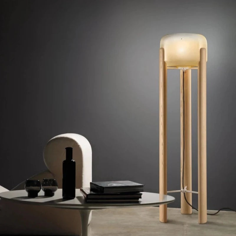 Metal Floor Lamp with a Matte Black Finish for a Sleek LookItalian Hand Blown Glass |  Floor Lamp | Wooden Base