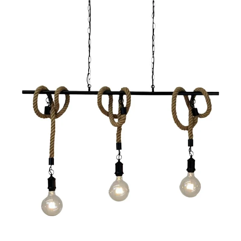 Industrial Lighting for Metal Fabrication ShopsRope Triple Pendant Light Suspension in Matt Black and Coir