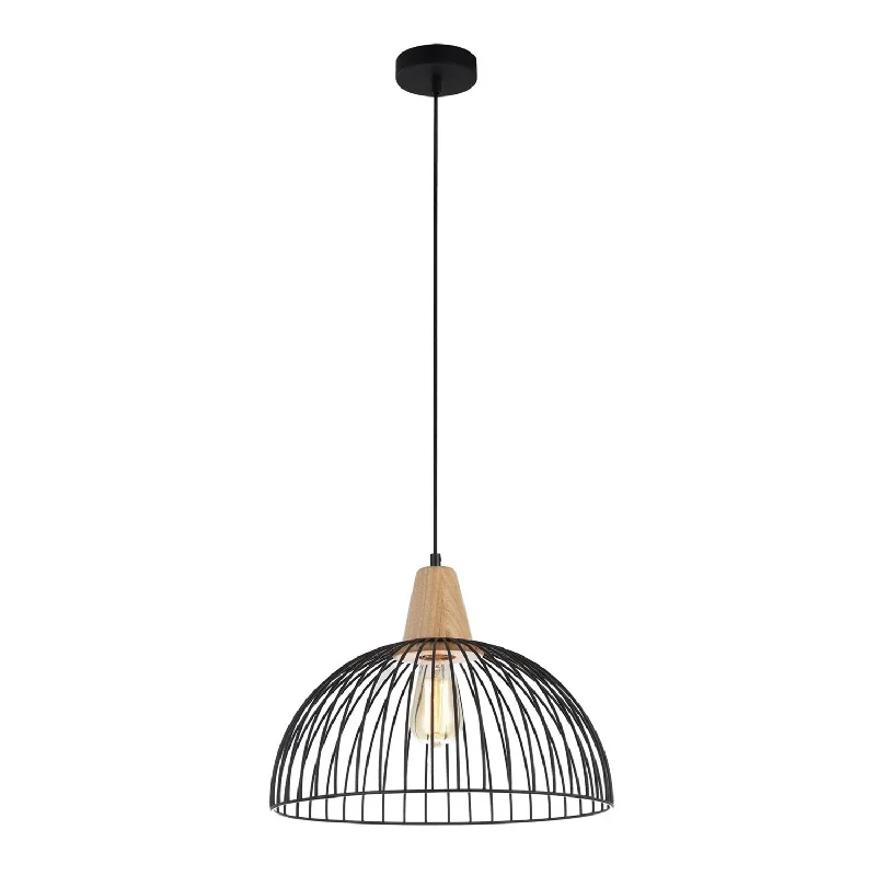 Industrial Lighting for Electronics ManufacturingStrand Iron and Wood Dome Cage Pendant Light (Black or White)