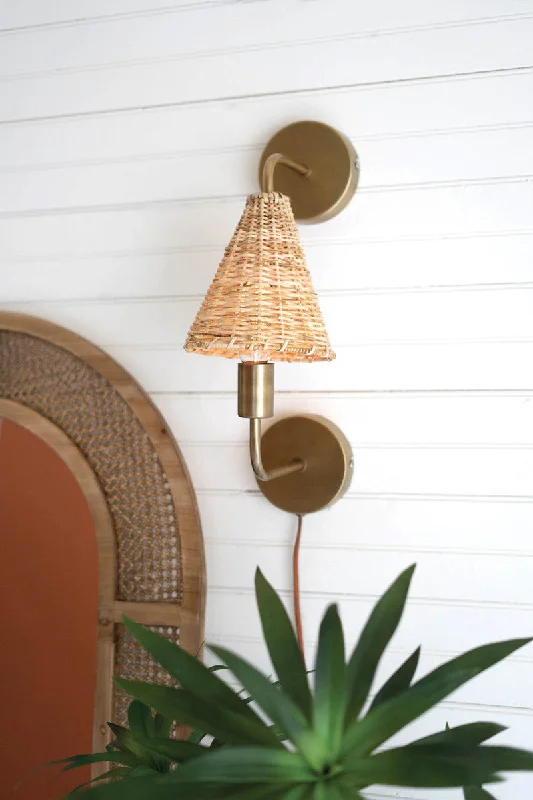 art deco wall lamps with geometric patterns for a retro - inspired bathroomDouble Antique Brass Wall Lamp With Woven Wicker Shade By Kalalou