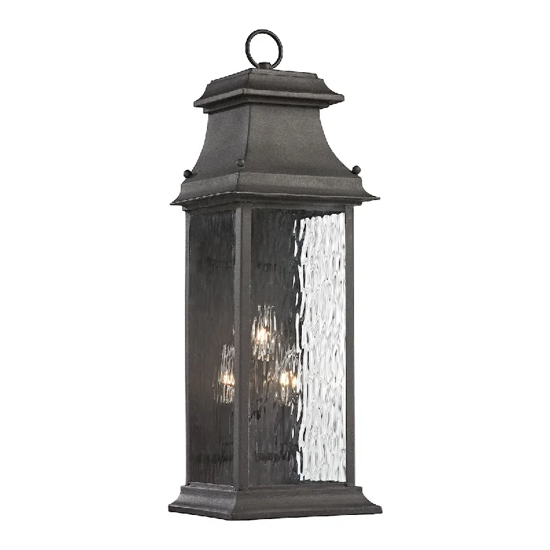 leather wall lamps with a distressed texture for a rugged and stylish lookForged Provincial 3-Light Outdoor Wall Lamp in Charcoal ELK Lighting 47051/3