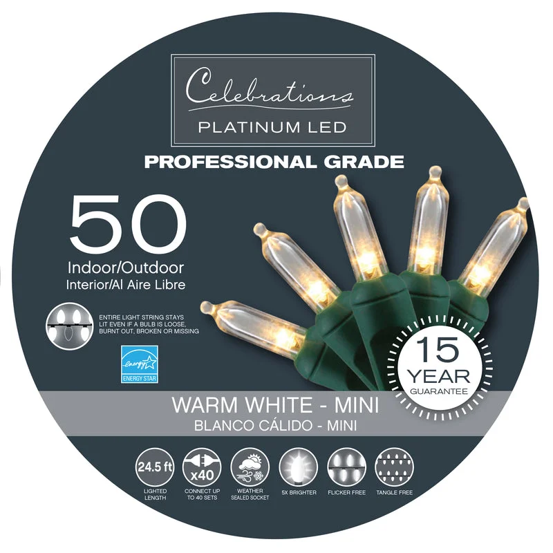 String Lights for Hotel Courtyard LightingCelebrations Platinum LED T5 Warm White 50 ct String Christmas Lights 24.5 ft.