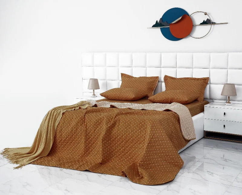 cotton bedspreads for breathability and softness6 PCs Bed Spread Set-Brown Polka