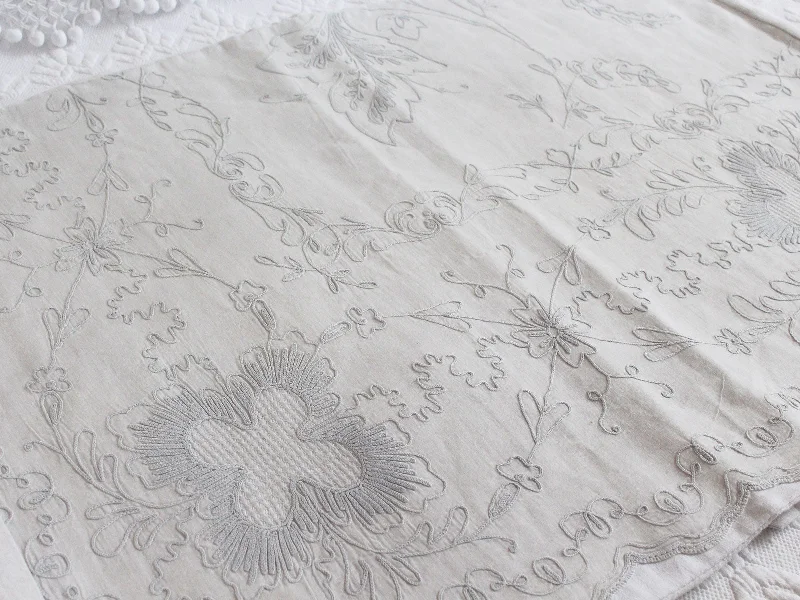 Bolsters for Outdoor Lounge Chairs to Add ComfortBolsters - Antique French White on White Cornely Embroidery on Linen Bolster P310 Bolsters for Outdoor Lounge Chairs to Add ComfortBolsters - Antique French White on White Cornely Embroidery on Linen Bolster P310