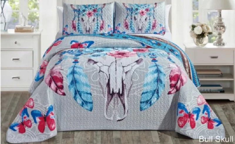art deco bedspreads with geometric patterns for a retro - inspired bedroomBull Skull Quilt Bedding 3pc. Set