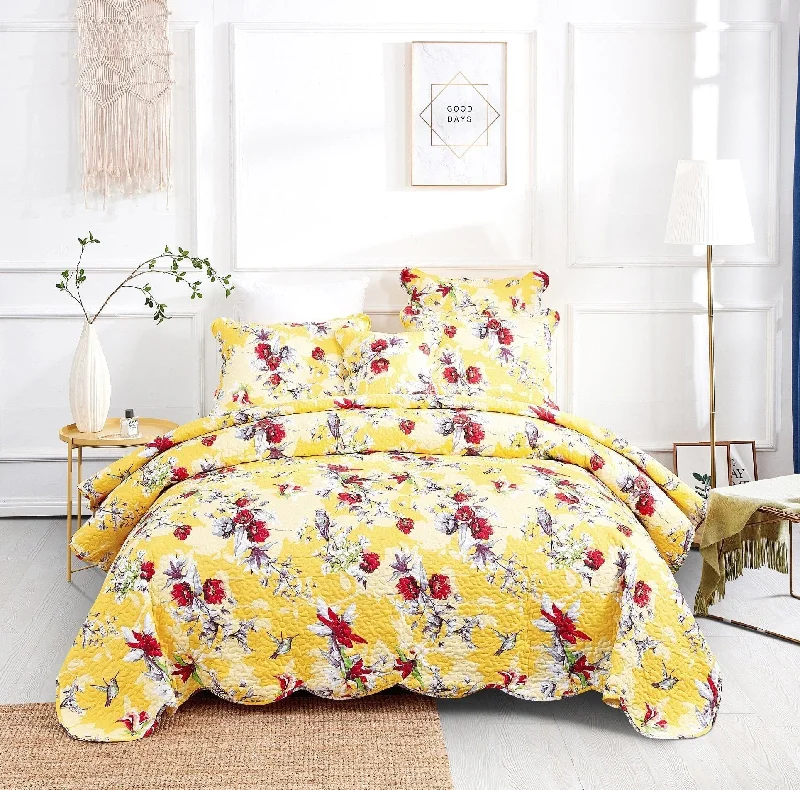 cotton bedspreads for breathability and softnessDaDa Bedding Radiant Sunshine Yellow Hummingbirds Floral Scalloped Bedspread Set (JHW-925) cotton bedspreads for breathability and softnessDaDa Bedding Radiant Sunshine Yellow Hummingbirds Floral Scalloped Bedspread Set (JHW-925)
