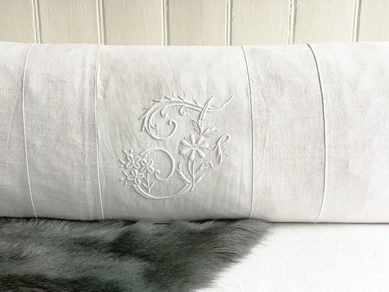Bolsters for Music Rooms to Use While Playing Instruments'J' or 'F' Large Bolster Cushion - Antique French J or FMonogram on Linen J-0823 Bolsters for Music Rooms to Use While Playing Instruments'J' or 'F' Large Bolster Cushion - Antique French J or FMonogram on Linen J-0823