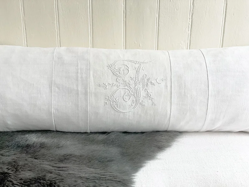 Bolsters for Industrial - Style Spaces to Soften the Look'J' or 'F' Large Bolster Cushion - Antique French J or F Monogram I on Linen JI-0823 Bolsters for Industrial - Style Spaces to Soften the Look'J' or 'F' Large Bolster Cushion - Antique French J or F Monogram I on Linen JI-0823