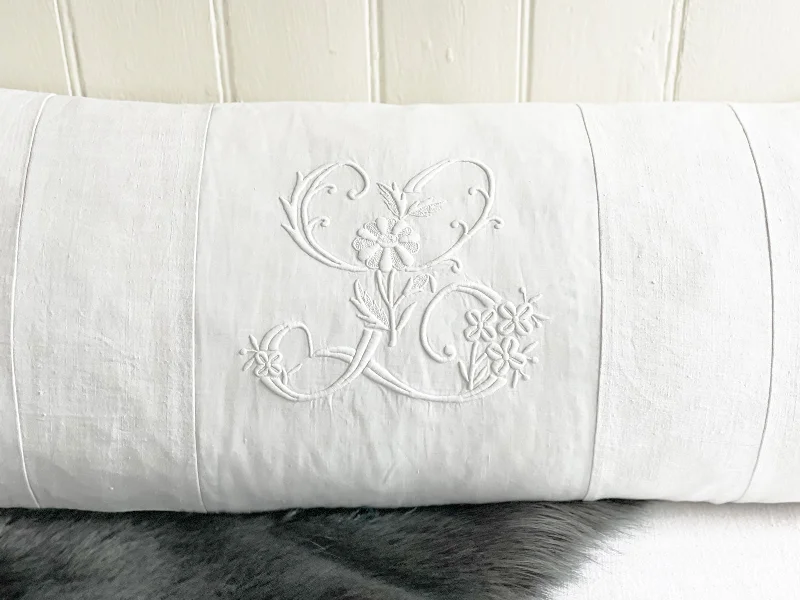 Bolsters for RV and Camper Beds to Increase Comfort'L' Large Bolster Cushion - Antique French L Monogram on Linen LII-0823 Bolsters for RV and Camper Beds to Increase Comfort'L' Large Bolster Cushion - Antique French L Monogram on Linen LII-0823