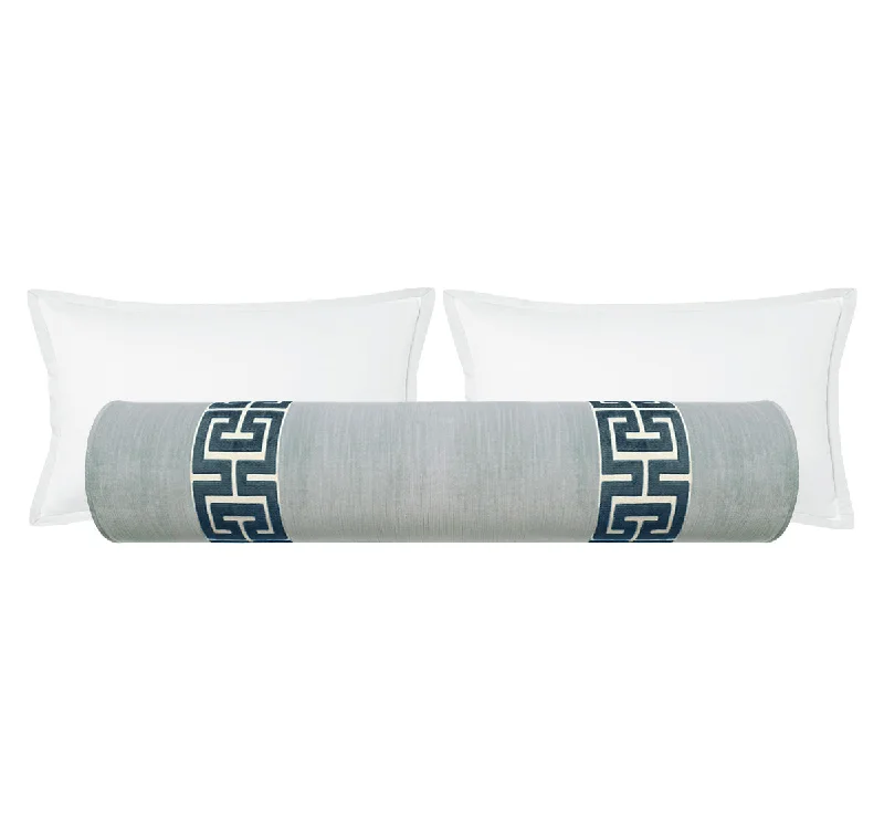 Bolsters for Yoga and Pilates Practice to Enhance PosesTHE BOLSTER :: STRIE VELVET // MIST + GREEK TRIM Bolsters for Yoga and Pilates Practice to Enhance PosesTHE BOLSTER :: STRIE VELVET // MIST + GREEK TRIM