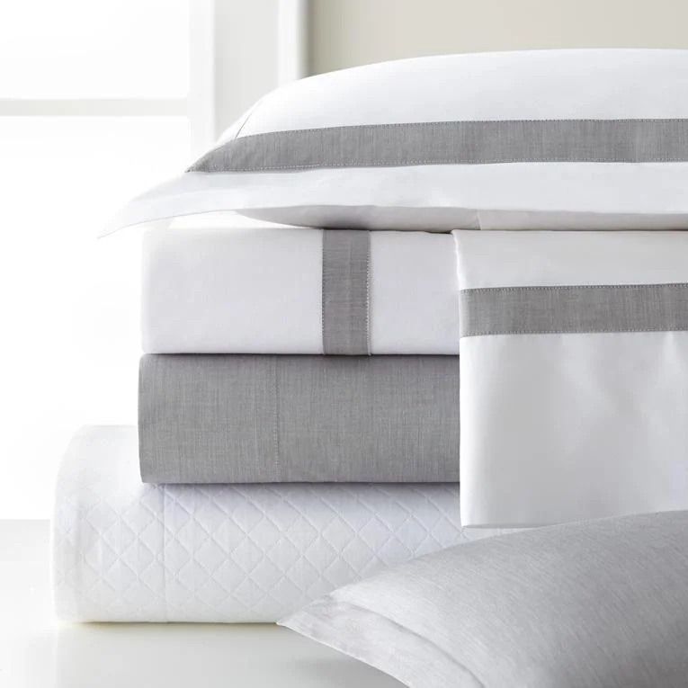 Twin - Size Sheet Sets with a Pillow ProtectorWhite Percale with Positano Chambray Borders Bedding Twin - Size Sheet Sets with a Pillow ProtectorWhite Percale with Positano Chambray Borders Bedding
